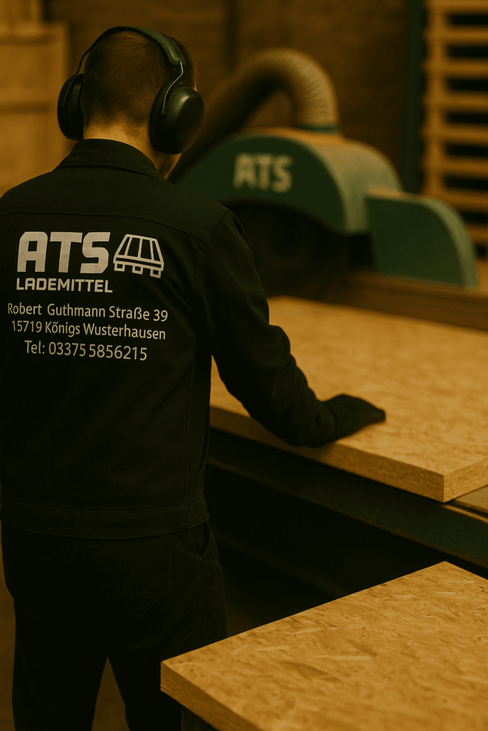 Mitarbeiter von ATS Lademittel bedient Säge zur Herstellung stabiler Transportkisten aus Holz